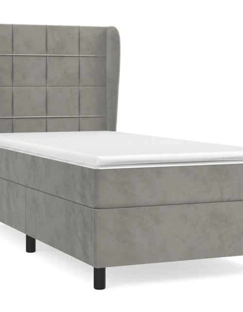 Загрузите изображение в средство просмотра галереи, Pat box spring cu saltea, gri deschis, 90x190 cm, catifea
