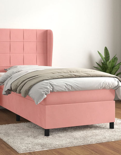 Загрузите изображение в средство просмотра галереи, Pat box spring cu saltea, roz, 90x190 cm, catifea
