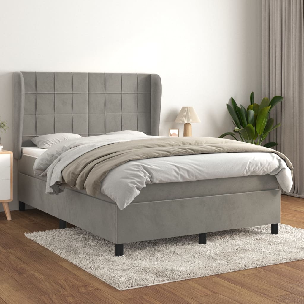 Pat box spring cu saltea, gri deschis, 140x190 cm, catifea