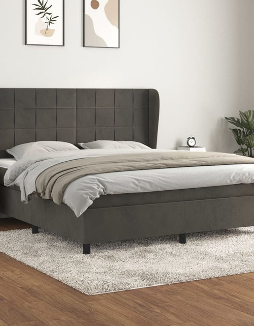 Загрузите изображение в средство просмотра галереи, Pat box spring cu saltea, gri închis, 160x200 cm, catifea
