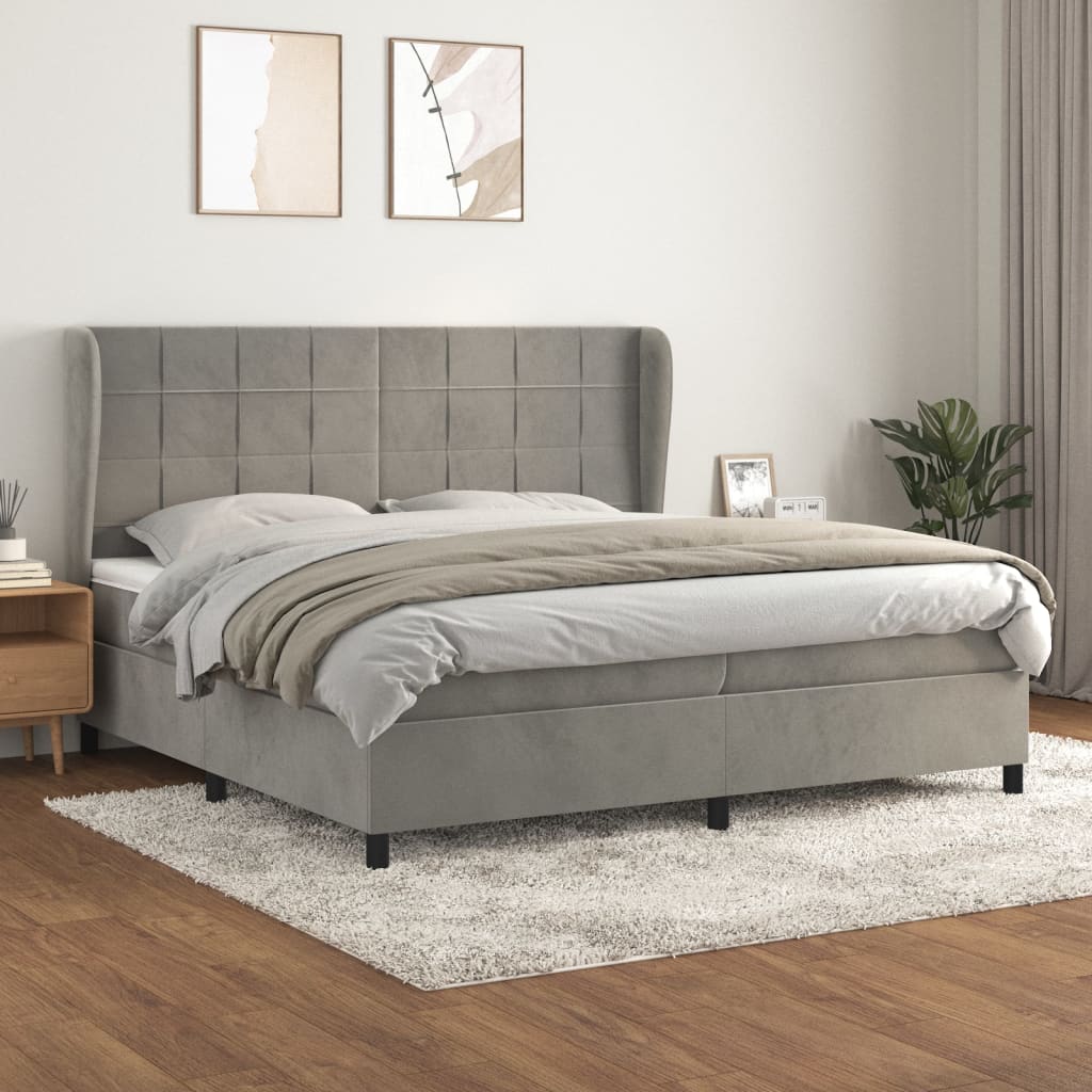 Pat box spring cu saltea, gri deschis, 200x200 cm, catifea