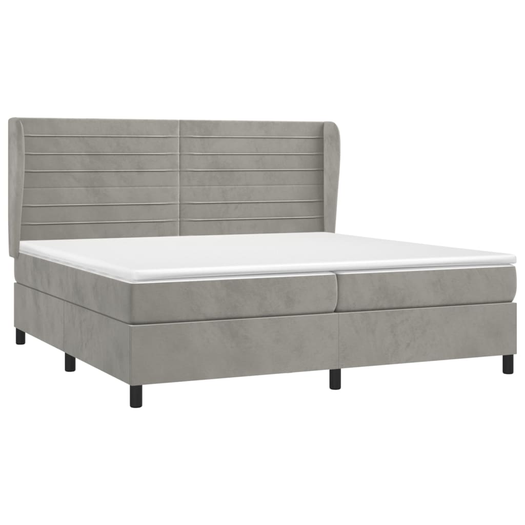 Pat box spring cu saltea, gri deschis, 200x200 cm, catifea