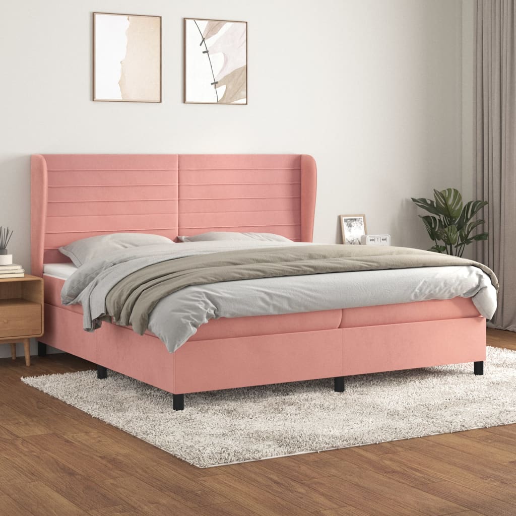 Pat box spring cu saltea, roz, 200x200 cm, catifea