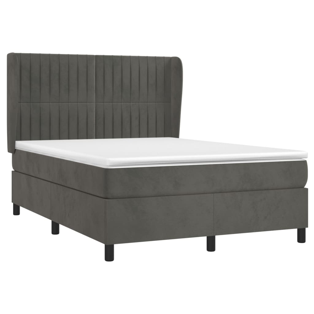 Pat box spring cu saltea, gri închis, 140x190 cm, catifea