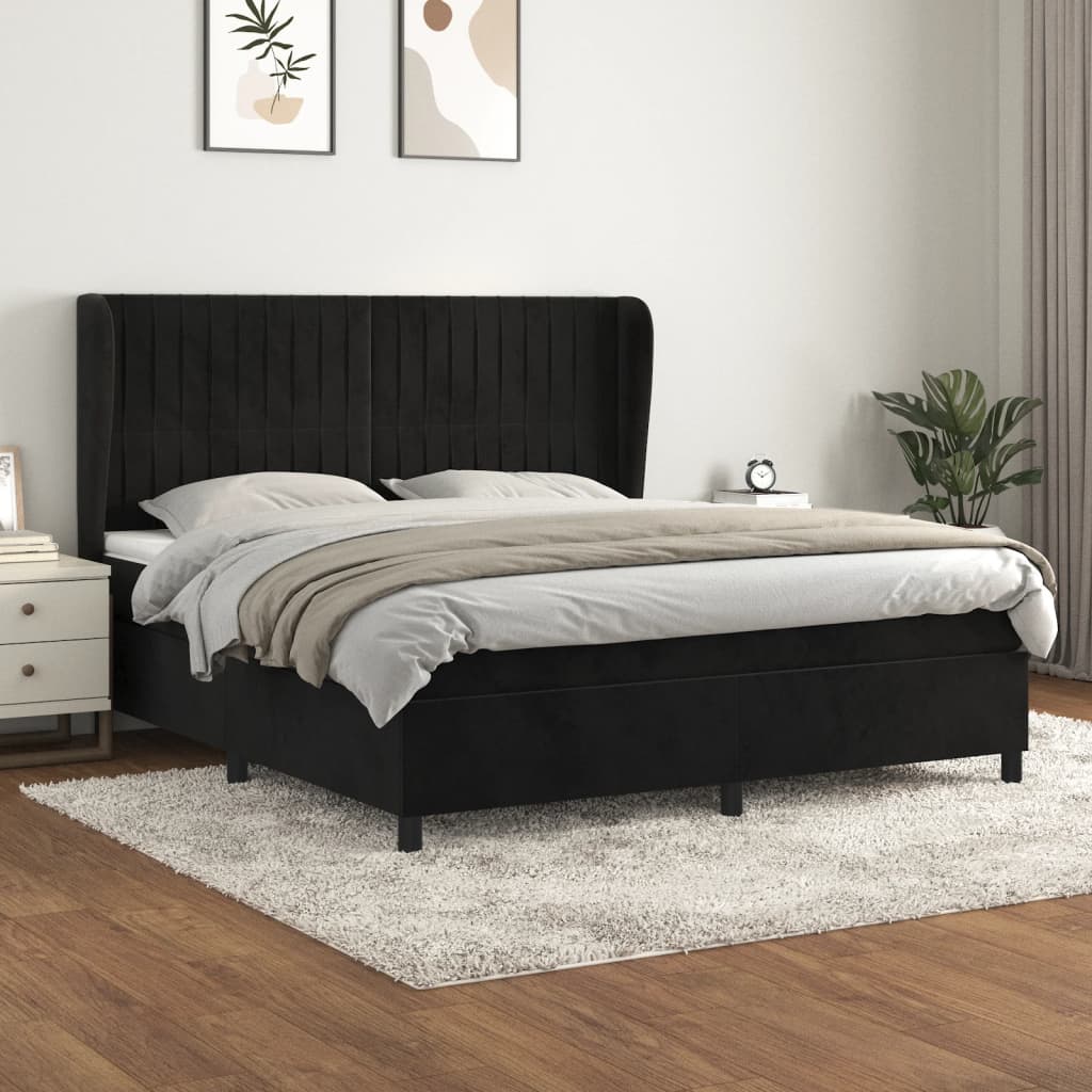 Pat box spring cu saltea, negru, 180x200 cm, catifea