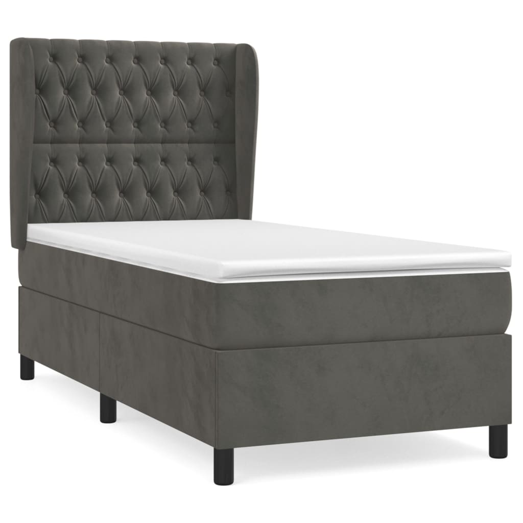 Pat box spring cu saltea, gri închis, 90x190 cm, catifea