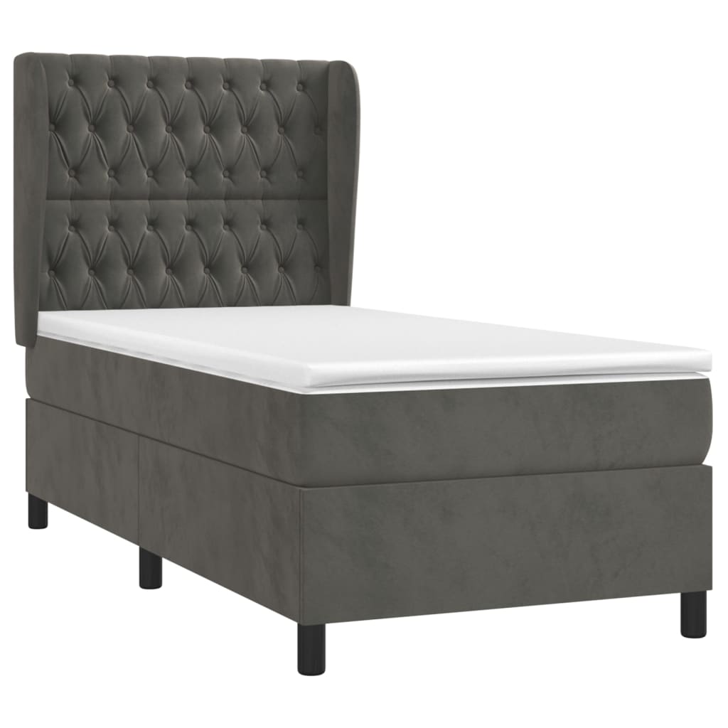 Pat box spring cu saltea, gri închis, 90x190 cm, catifea