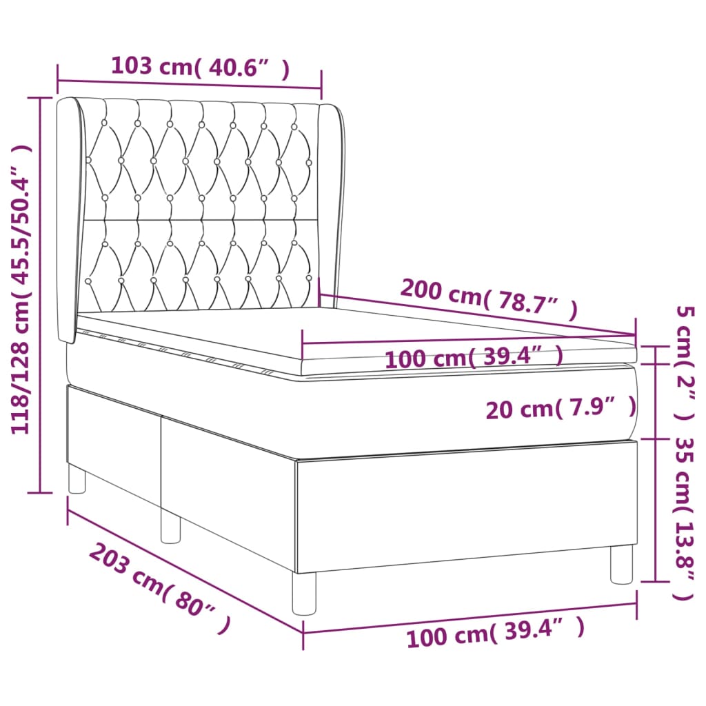 Pat box spring cu saltea, albastru închis, 100x200 cm, catifea