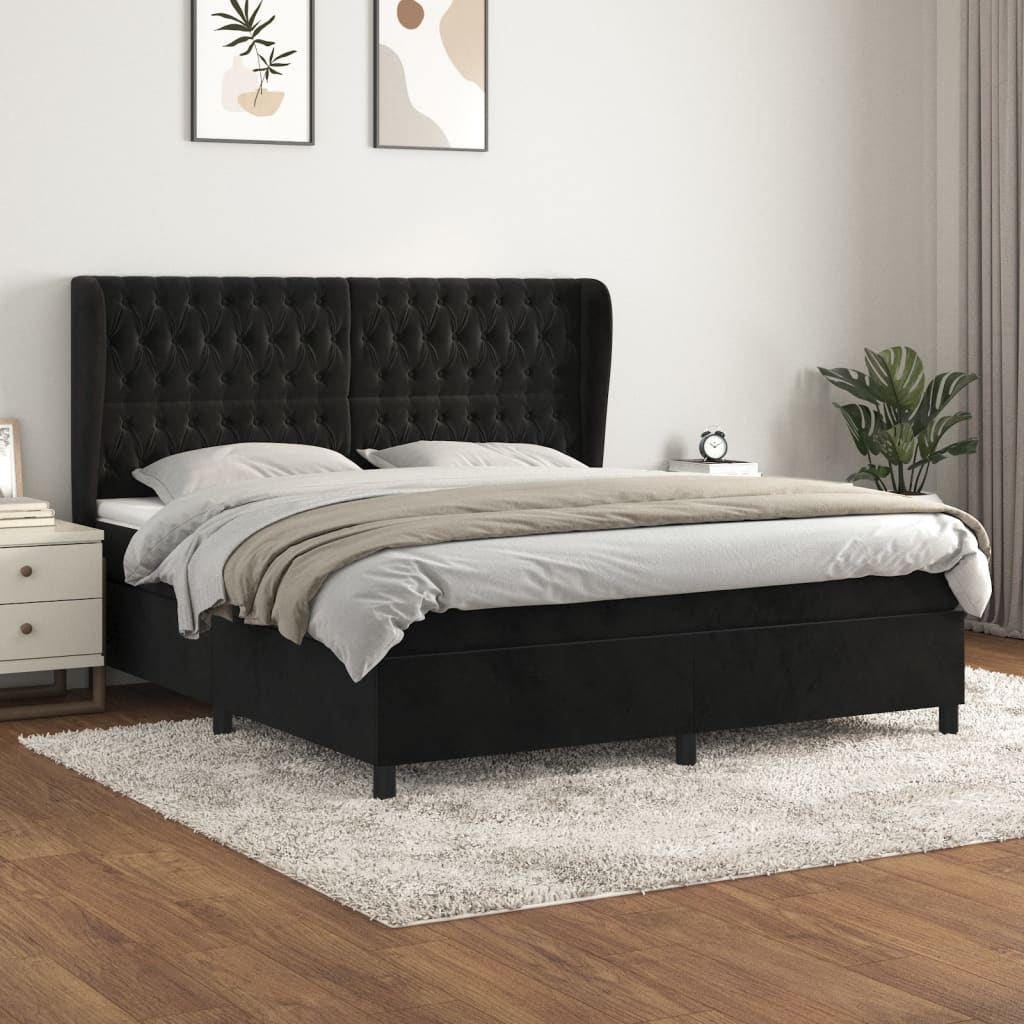 Pat box spring cu saltea, negru, 160x200 cm, catifea