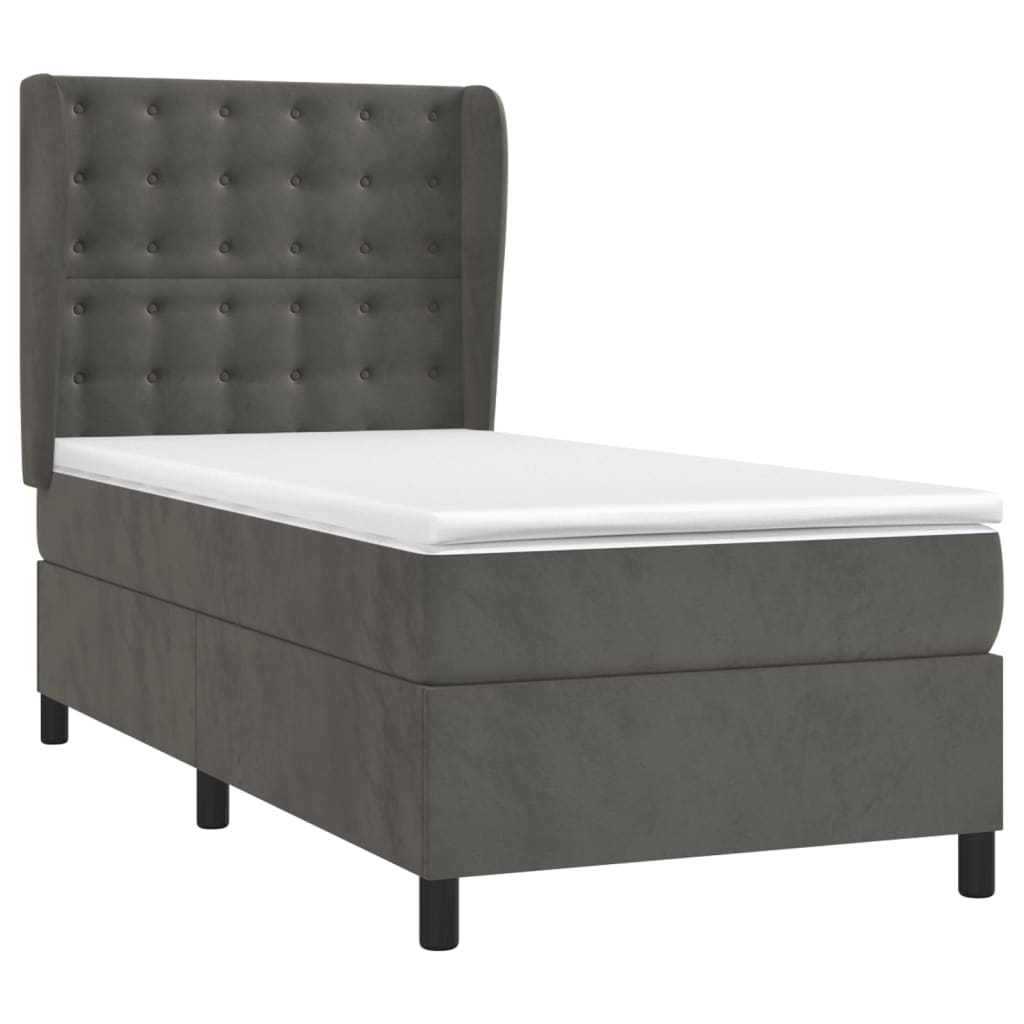 Pat box spring cu saltea, gri închis, 90x190 cm, catifea