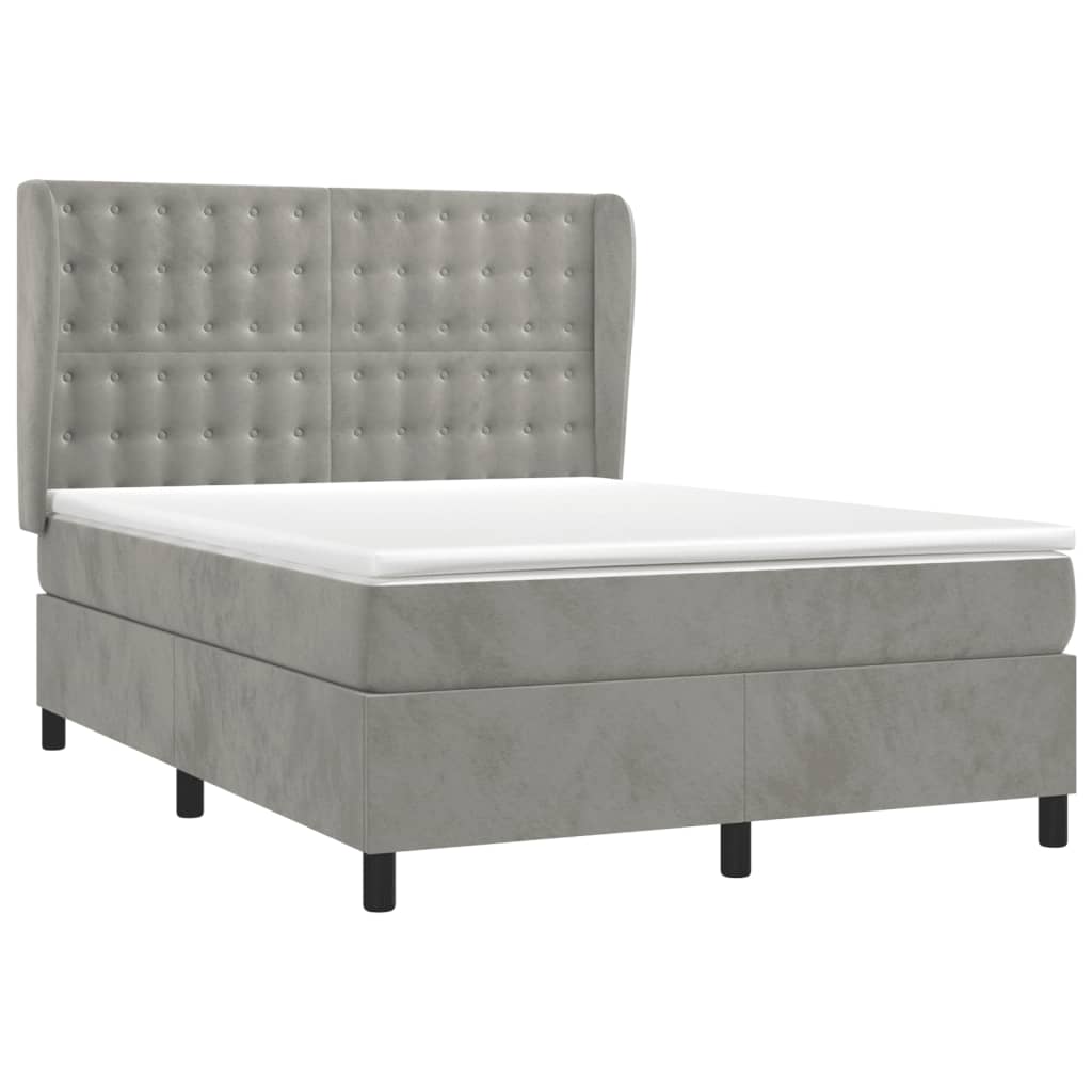 Pat box spring cu saltea, gri deschis, 140x190 cm, catifea