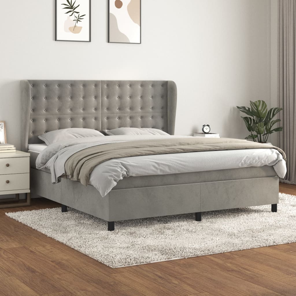 Pat box spring cu saltea, gri deschis, 160x200 cm, catifea