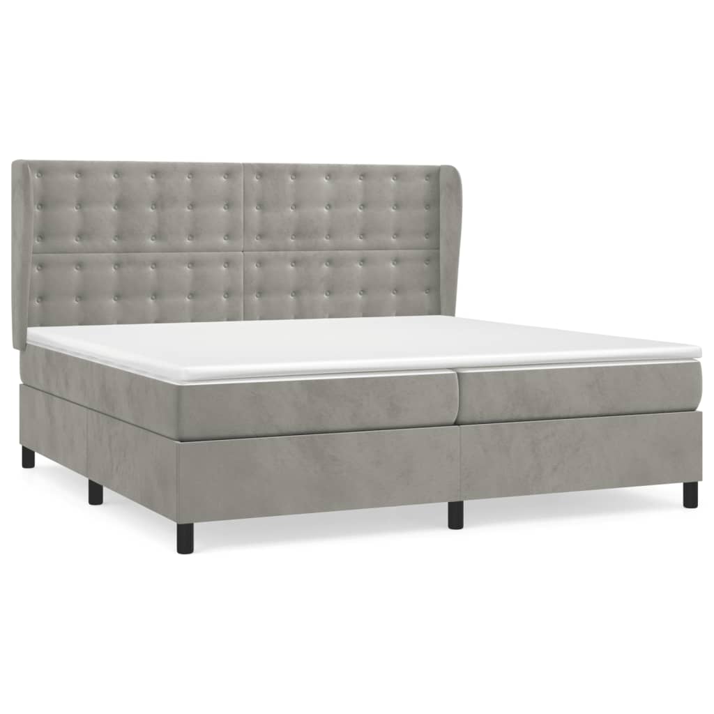 Pat box spring cu saltea, gri deschis, 200x200 cm, catifea