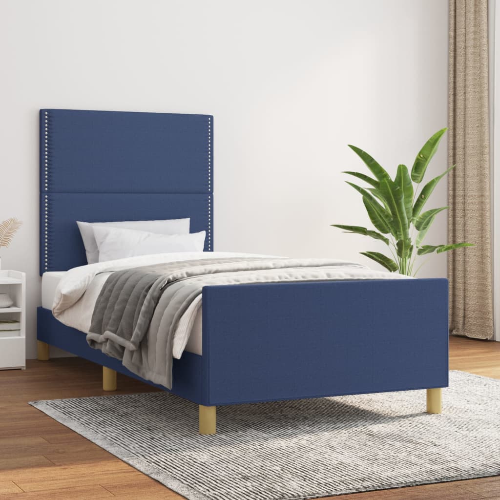 Cadru de pat cu tăblie, albastru, 90x190 cm, textil