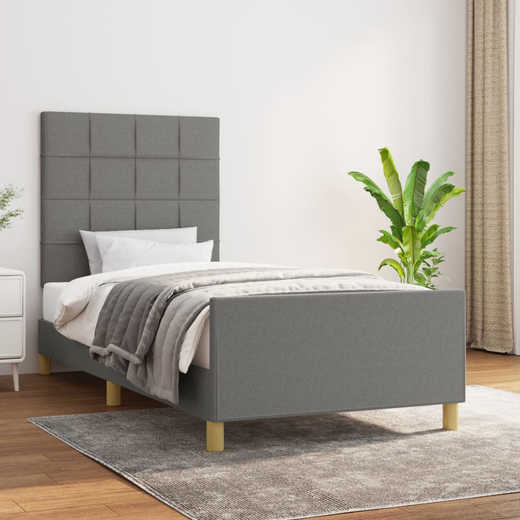 Cadru de pat cu tăblie, gri închis, 90x190 cm, textil
