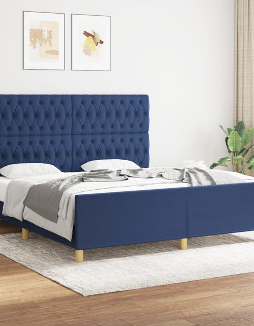 Încărcați imaginea în vizualizatorul Galerie, Cadru de pat cu tăblie, albastru, 180x200 cm, textil
