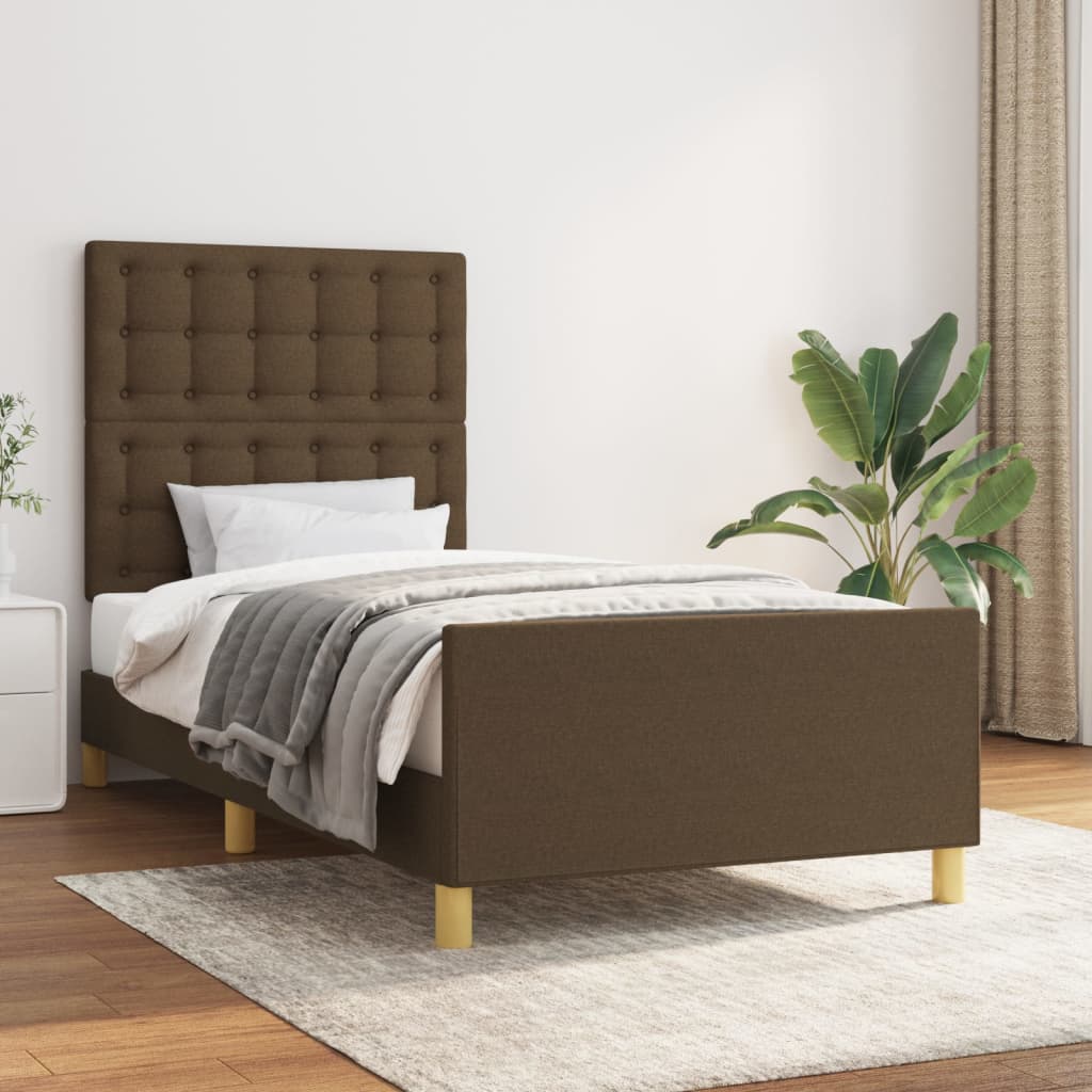 Cadru de pat cu tăblie, maro închis, 90x190 cm, textil