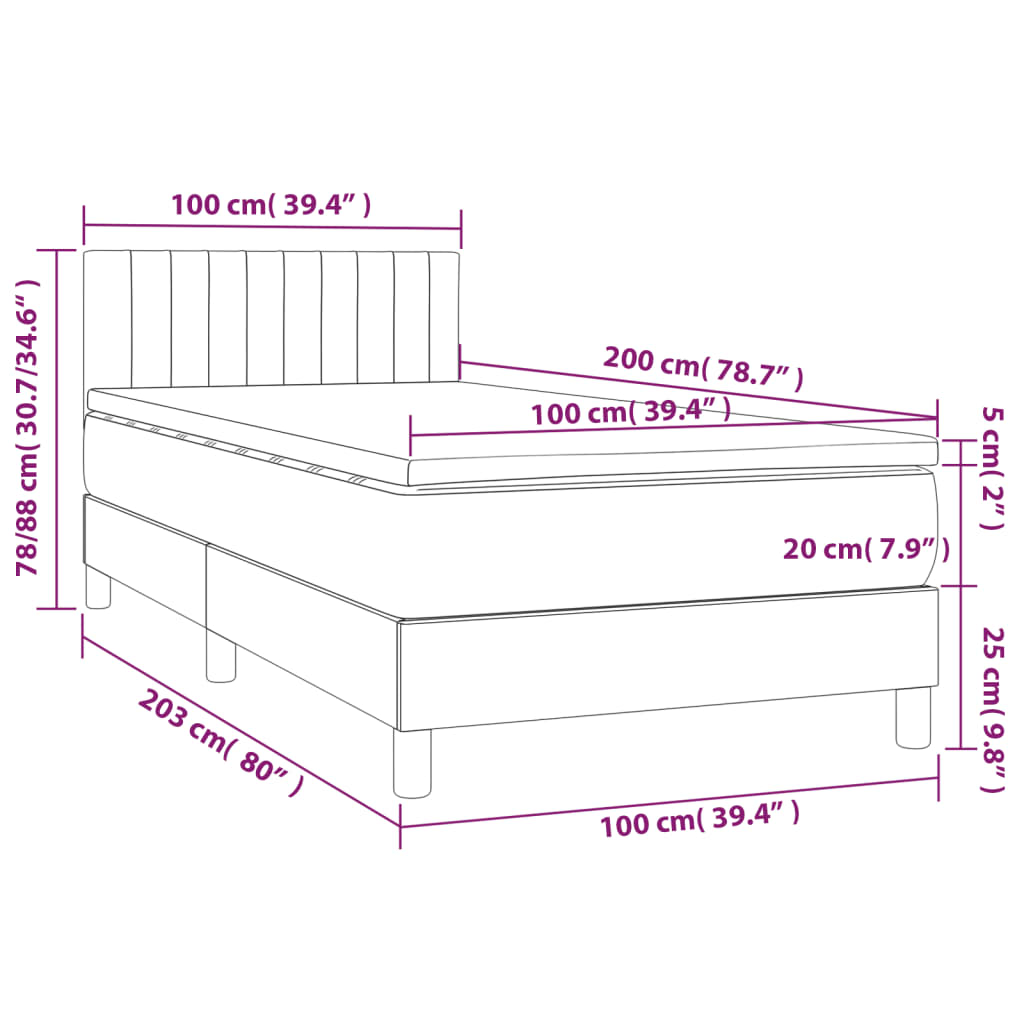 Pat box spring cu saltea, gri deschis, 100x200 cm, textil