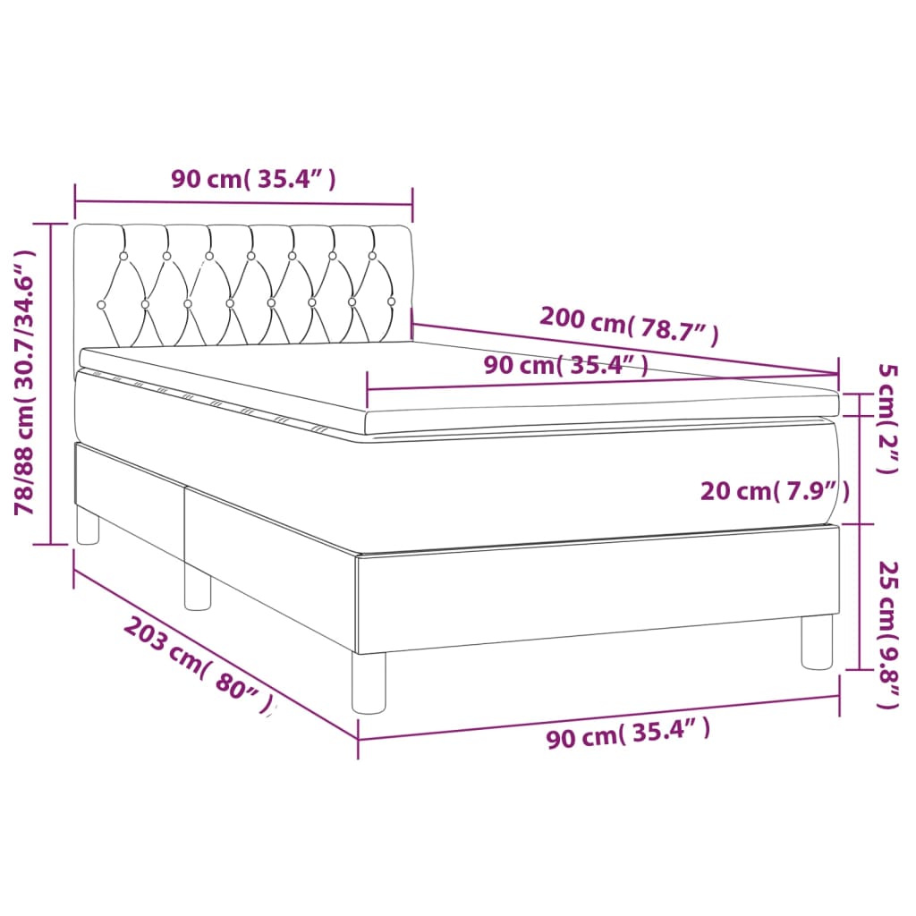 Pat box spring cu saltea, maro închis, 90x200 cm, textil