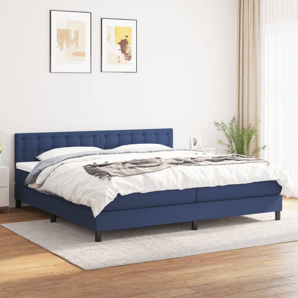 Pat box spring cu saltea, albastru, 200x200 cm, textil