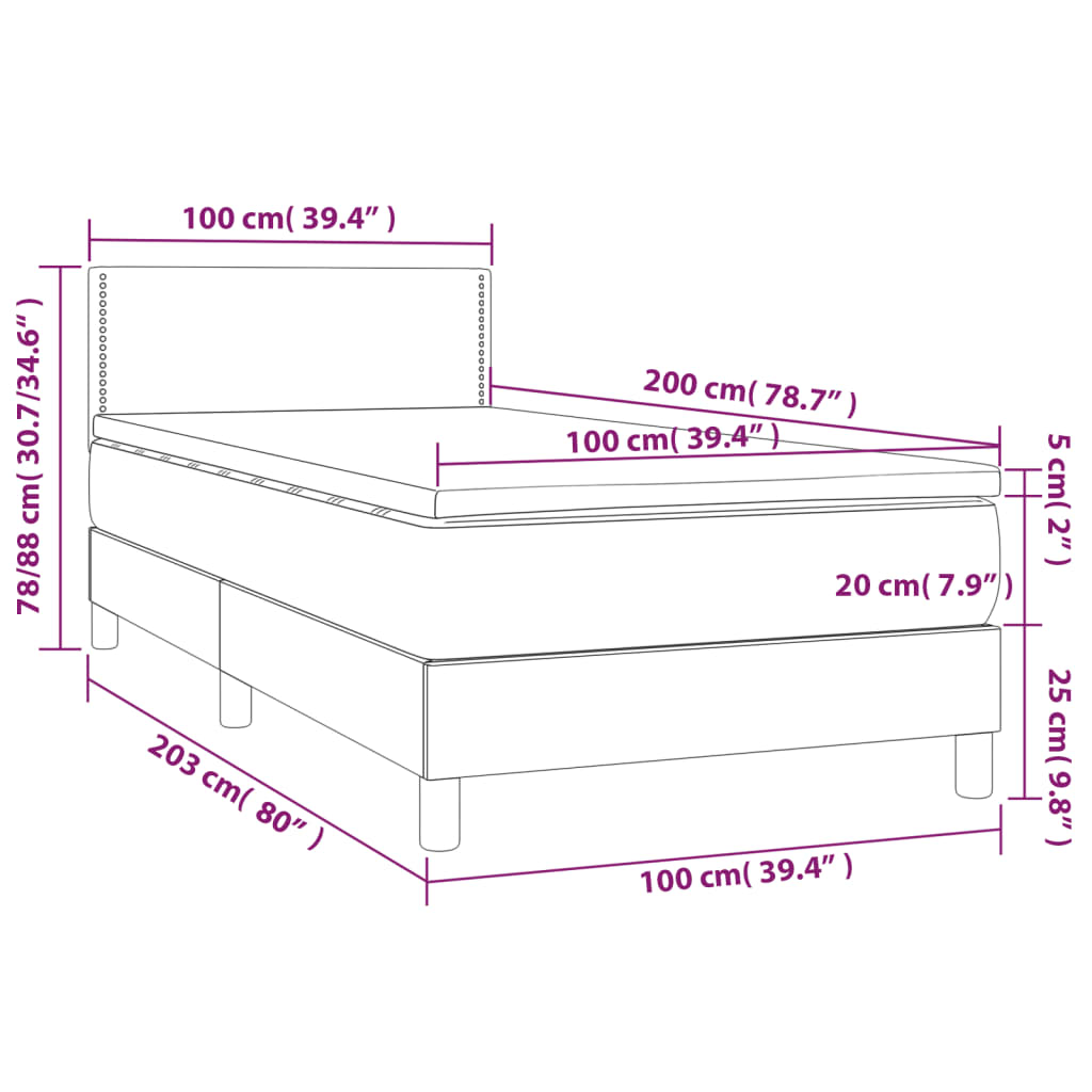 Pat box spring cu saltea, gri închis, 100x200 cm, textil