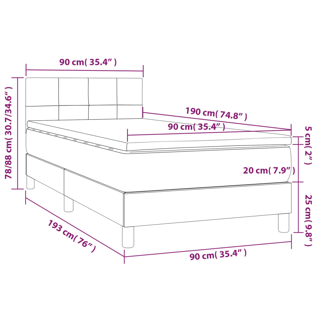 Pat box spring cu saltea, gri închis, 90x190 cm, textil