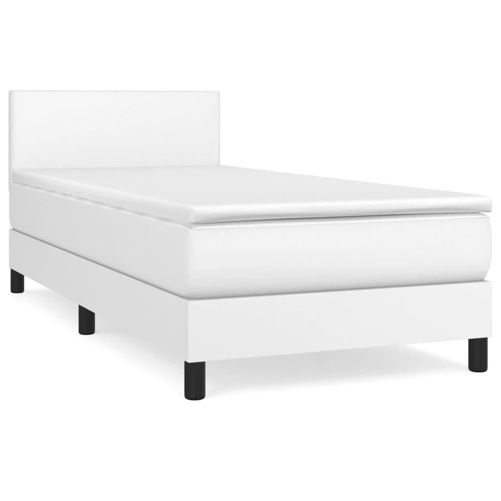 Pat box spring cu saltea, alb, 90x190 cm, piele ecologică