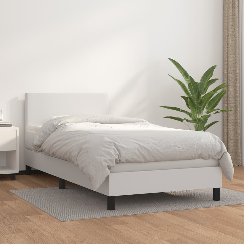 Pat box spring cu saltea, alb, 90x190 cm, piele ecologică