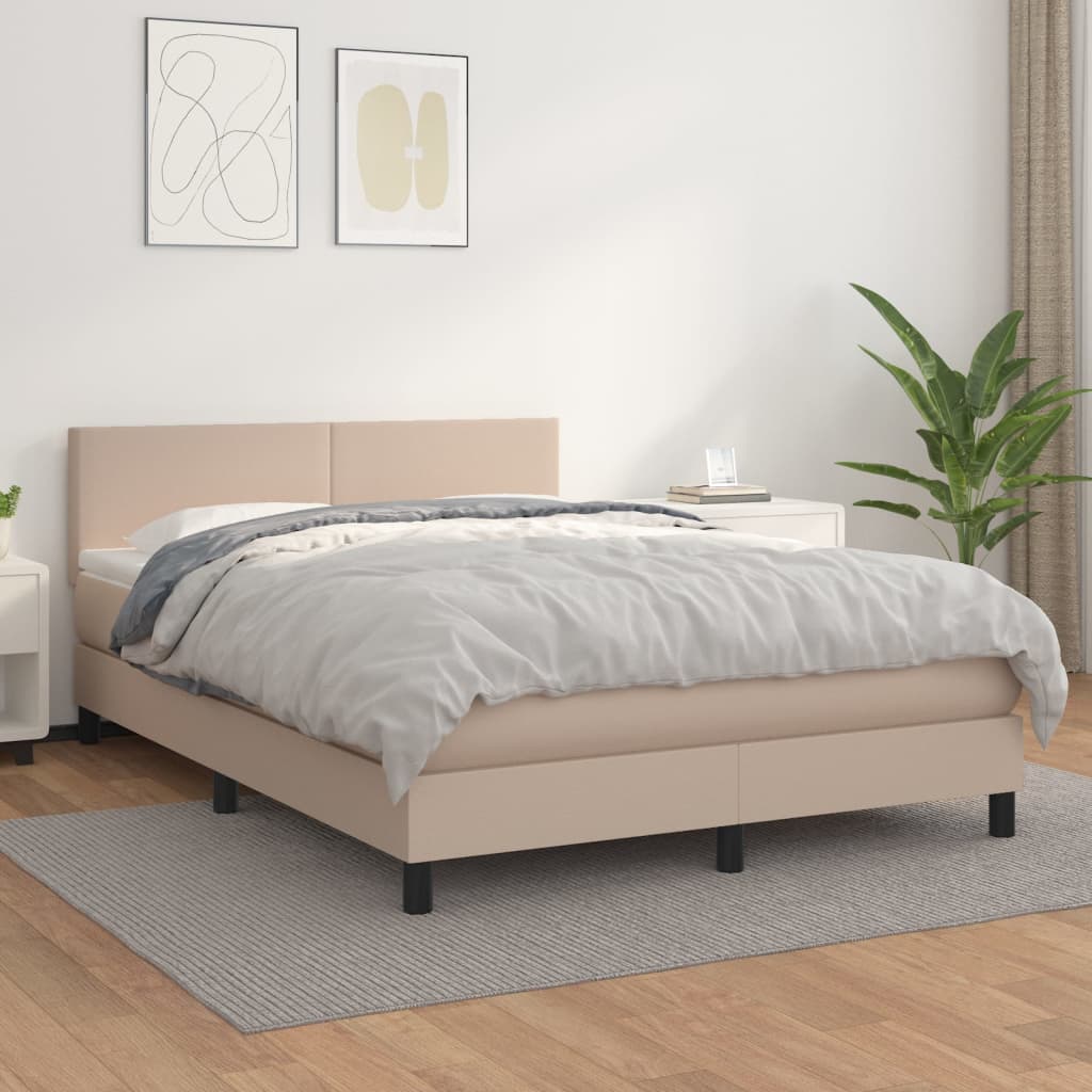 Pat box spring cu saltea, cappuccino, 140x200cm piele ecologică