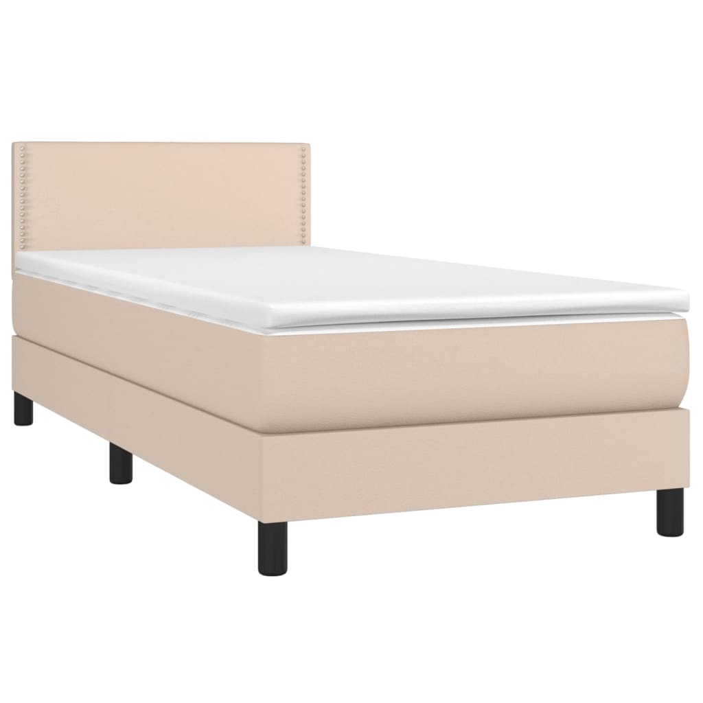 Pat box spring cu saltea, cappuccino, 80x200 cm piele ecologică