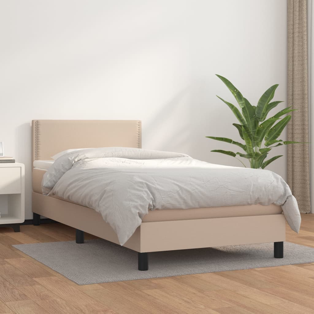 Pat box spring cu saltea, cappuccino, 80x200 cm piele ecologică