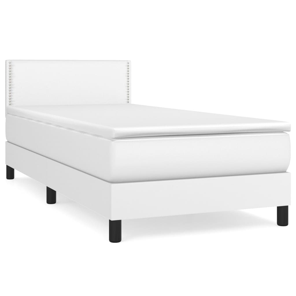 Pat box spring cu saltea, alb, 90x190 cm, piele ecologică