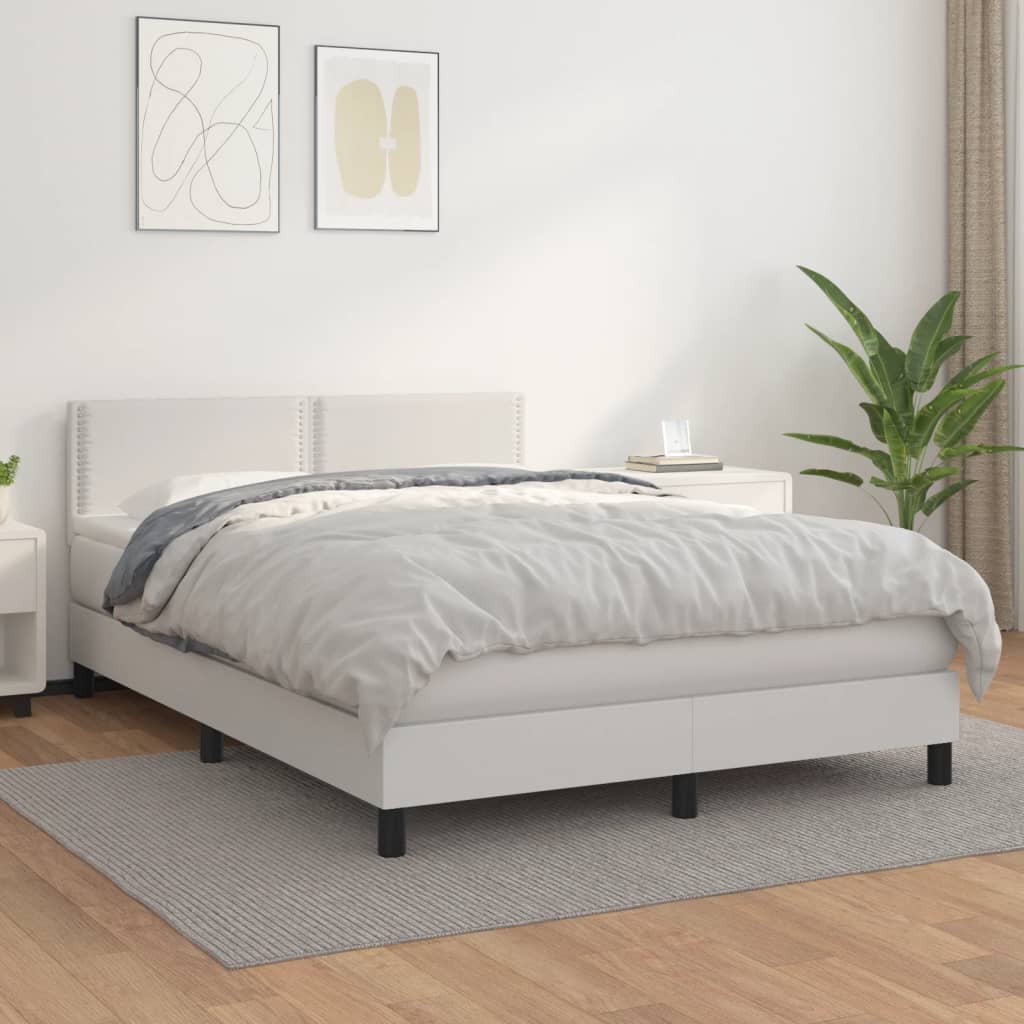 Pat box spring cu saltea, alb, 140x190 cm, piele ecologică