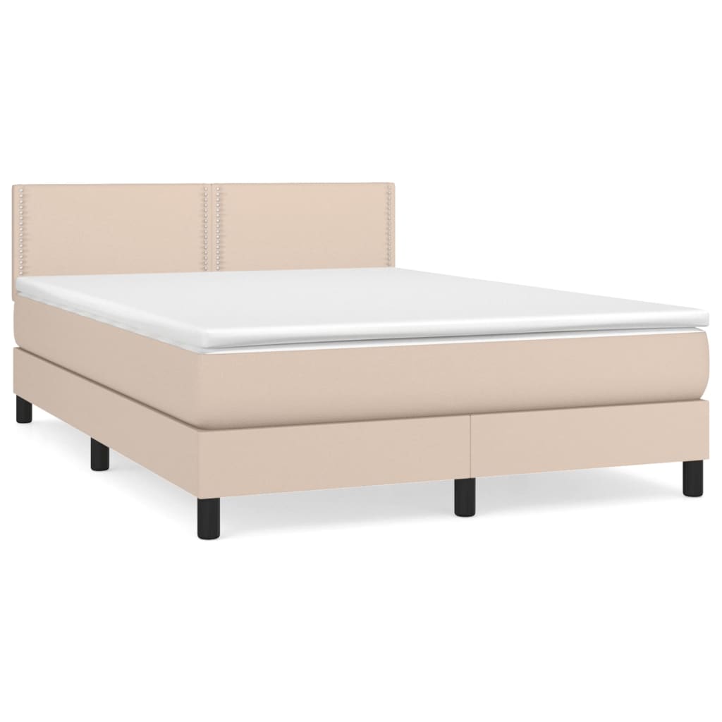 Pat box spring cu saltea, cappuccino, 140x200cm piele ecologică