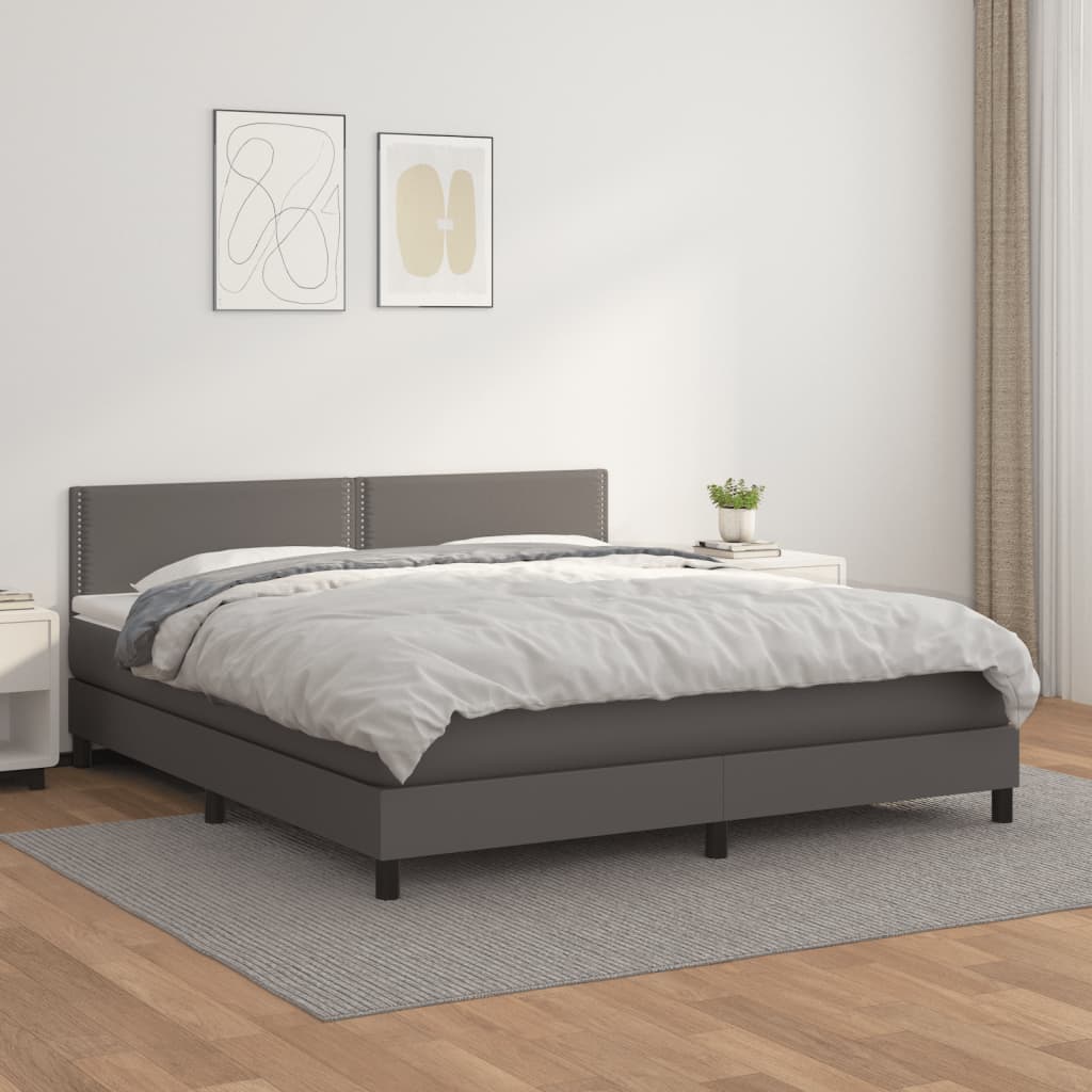 Pat box spring cu saltea, gri, 160x200 cm, piele ecologică