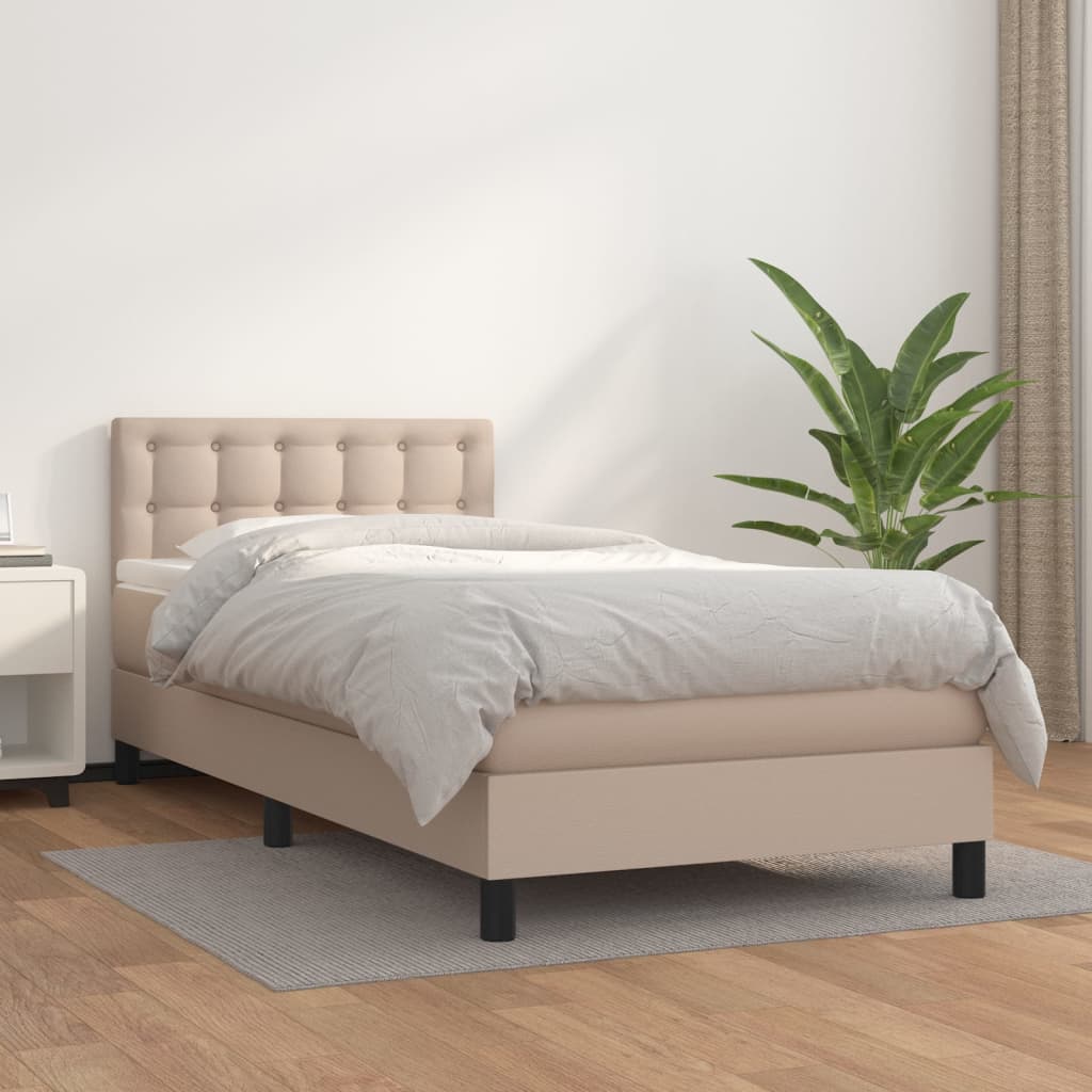 Pat box spring cu saltea, cappuccino, 80x200 cm piele ecologică