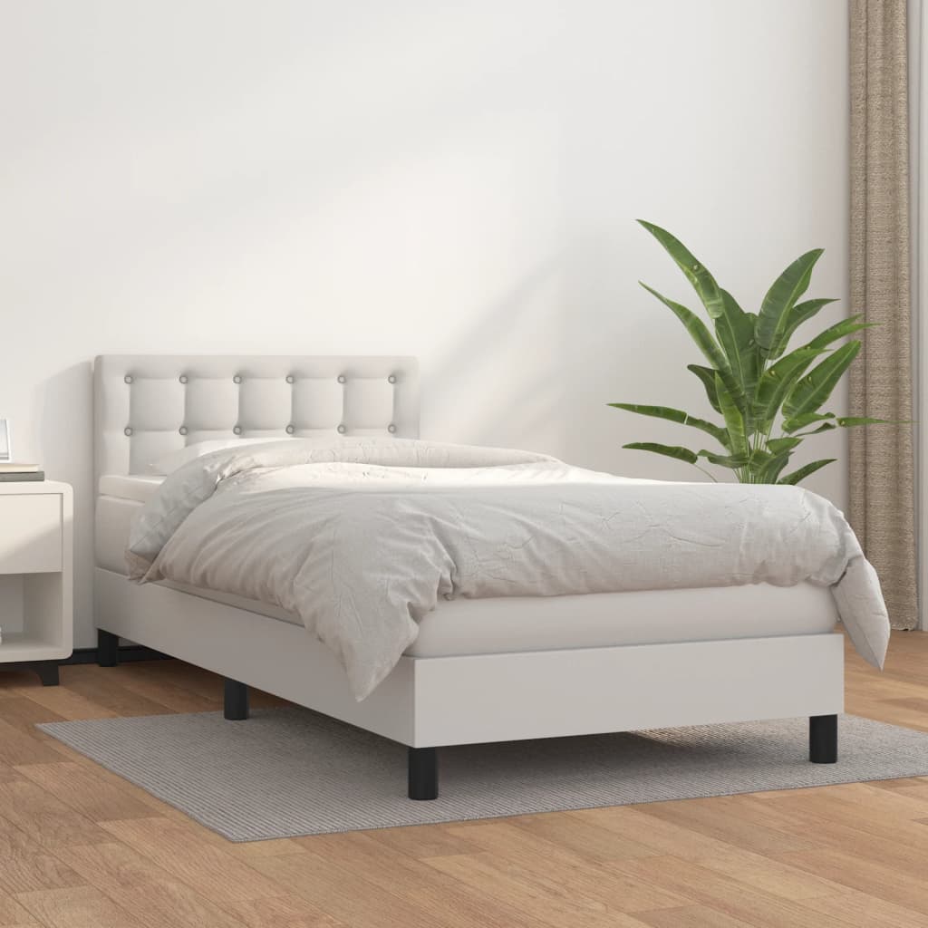 Pat box spring cu saltea, alb, 90x200 cm, piele ecologică