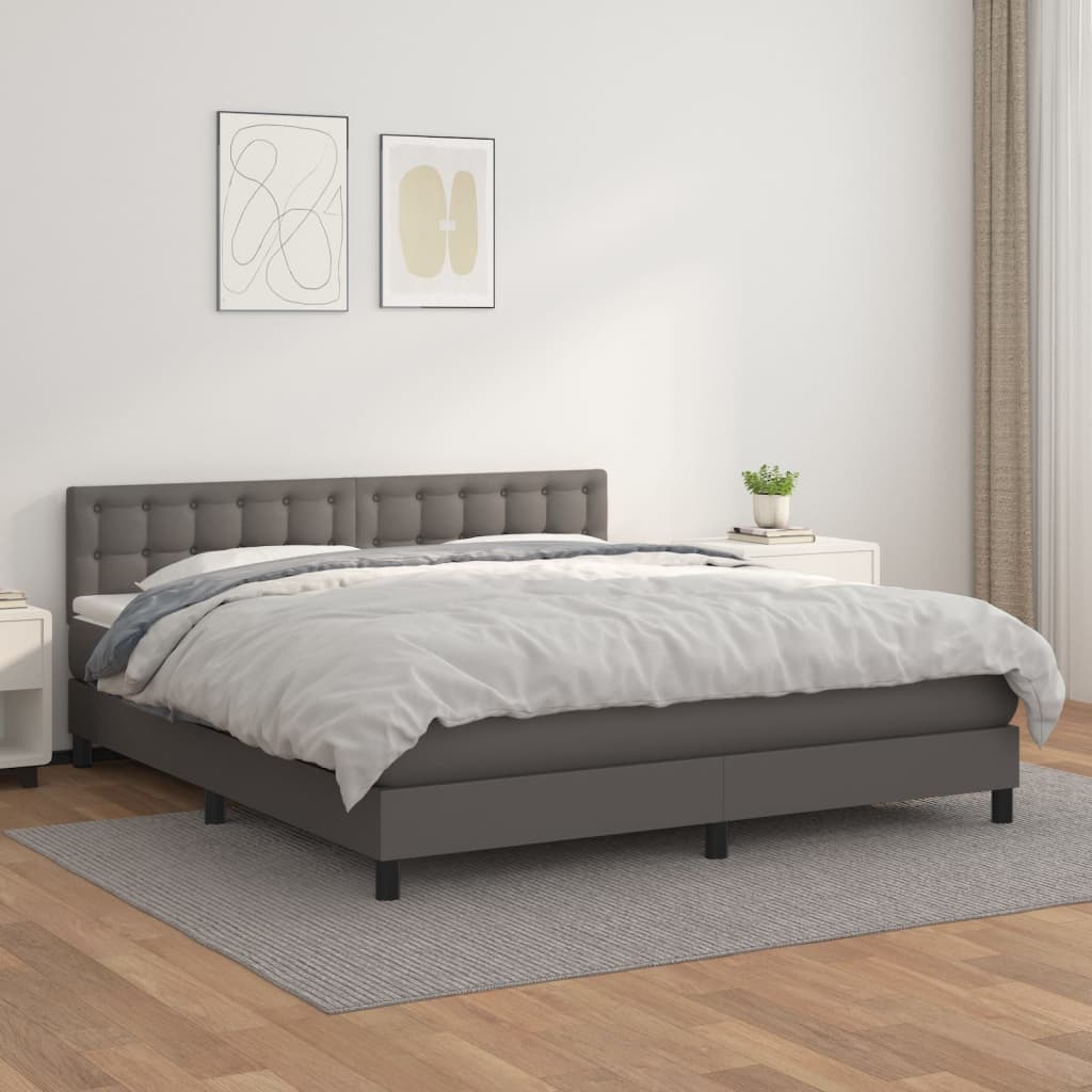 Pat box spring cu saltea, gri, 160x200 cm, piele ecologică