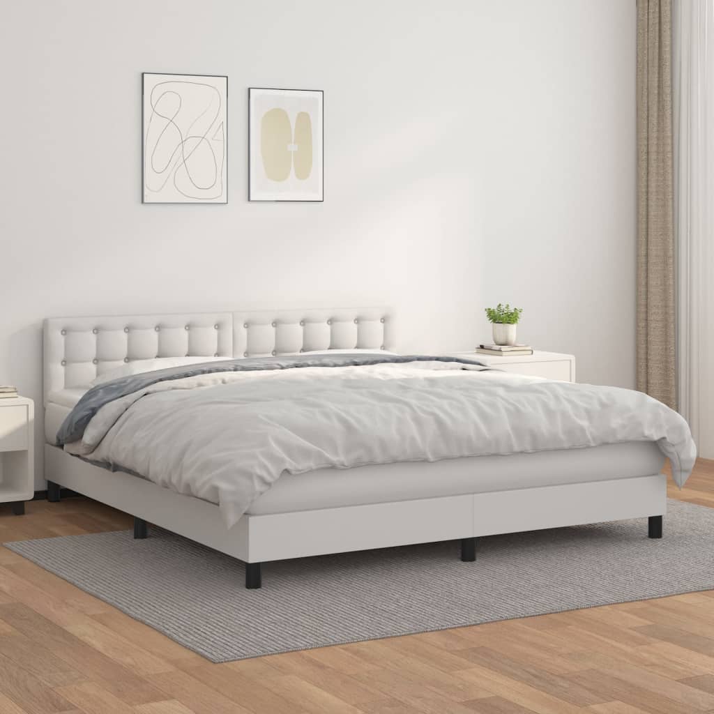 Pat box spring cu saltea, alb, 180x200 cm, piele ecologică