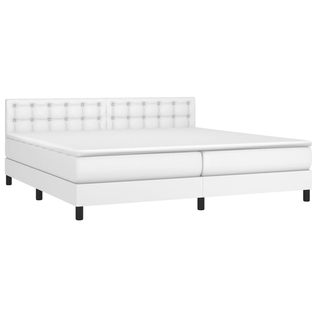 Pat box spring cu saltea, alb, 200x200 cm, piele ecologică