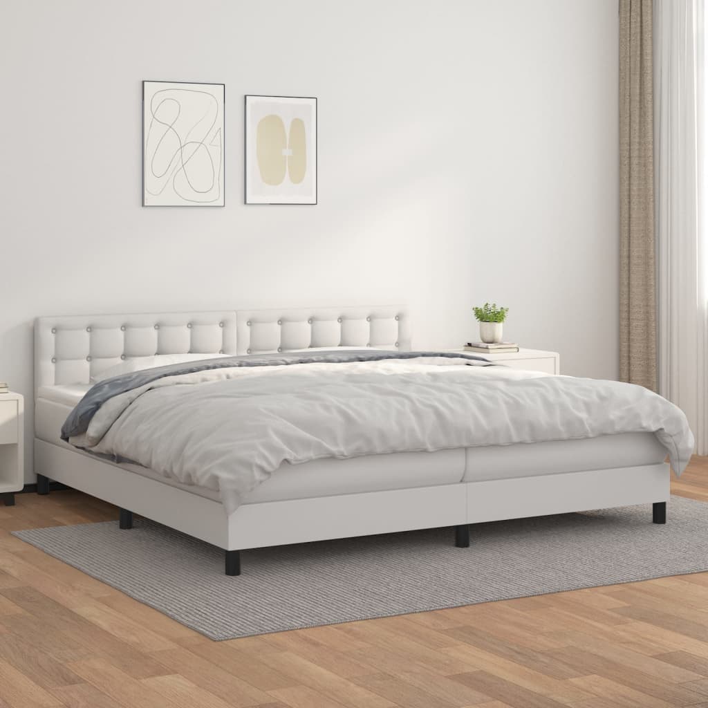 Pat box spring cu saltea, alb, 200x200 cm, piele ecologică