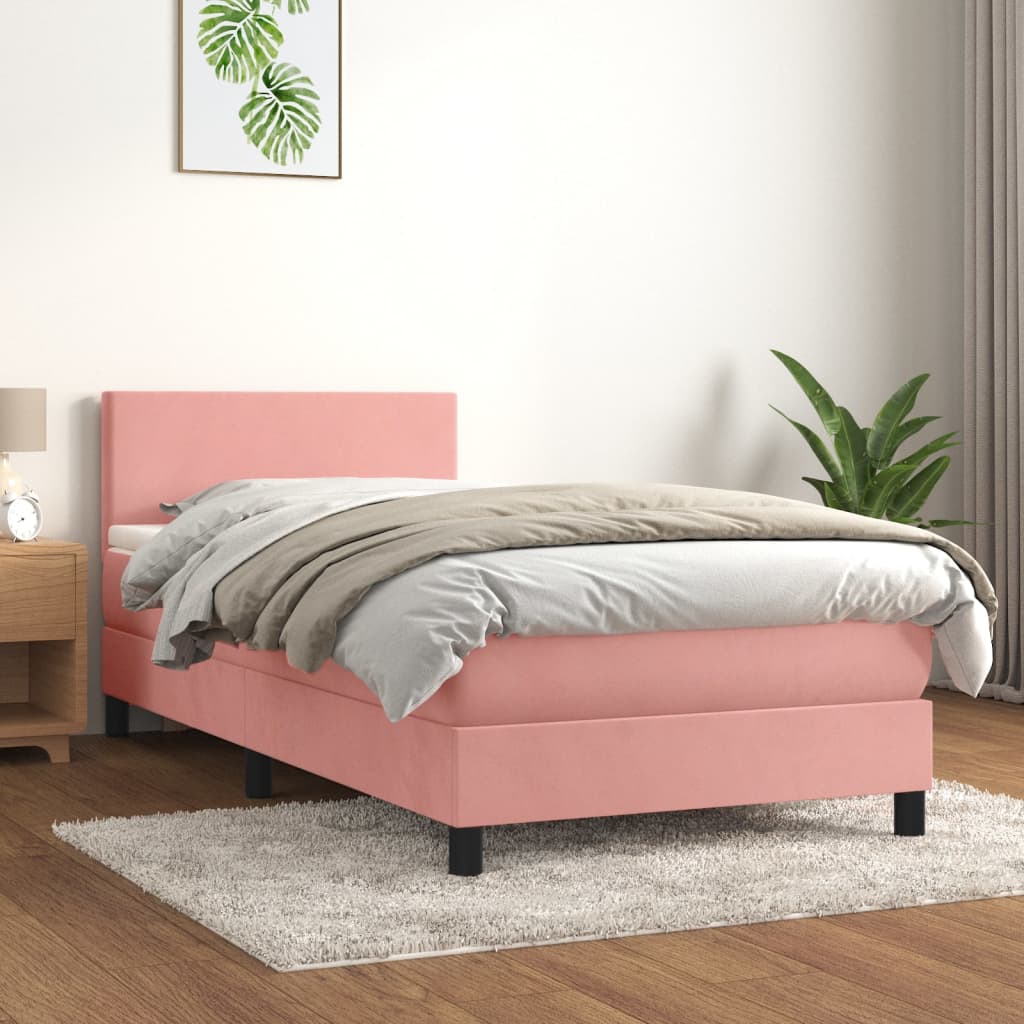 Pat box spring cu saltea, roz, 90x190 cm, catifea