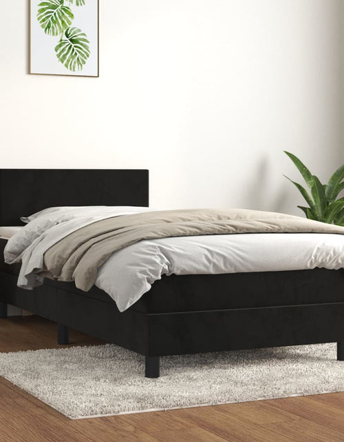 Загрузите изображение в средство просмотра галереи, Pat box spring cu saltea, negru, 90x200 cm, catifea
