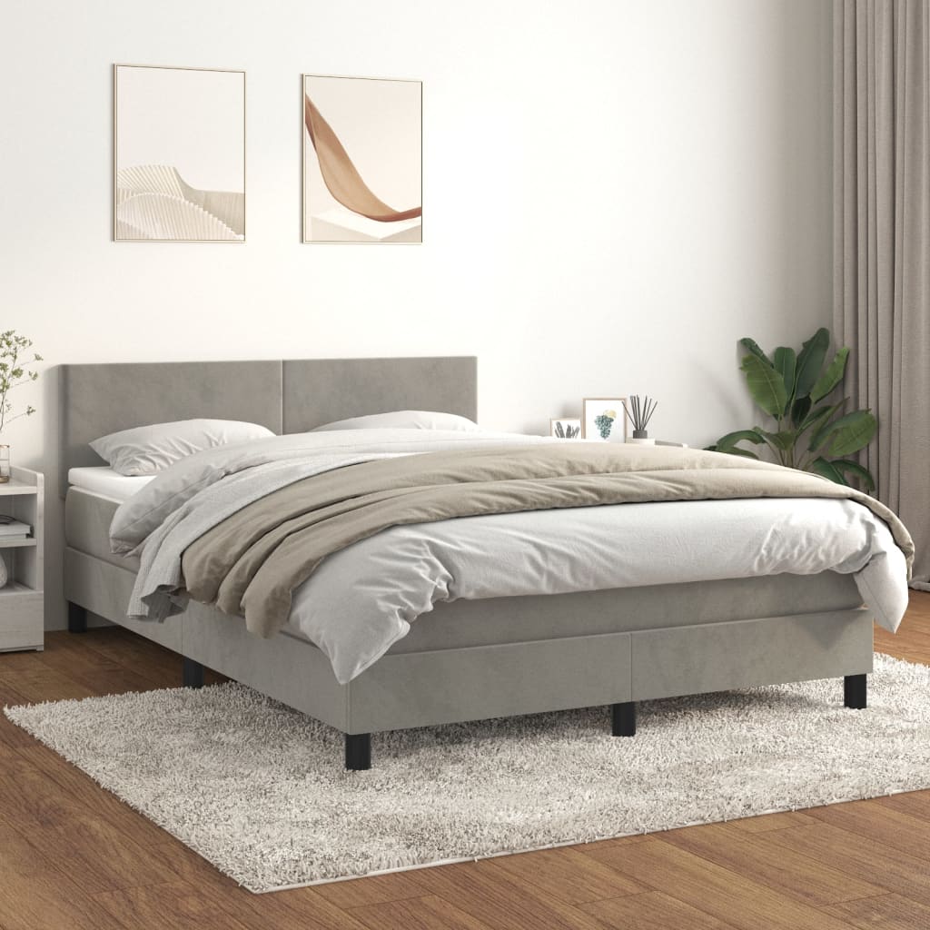 Pat box spring cu saltea, gri deschis, 140x200 cm, catifea