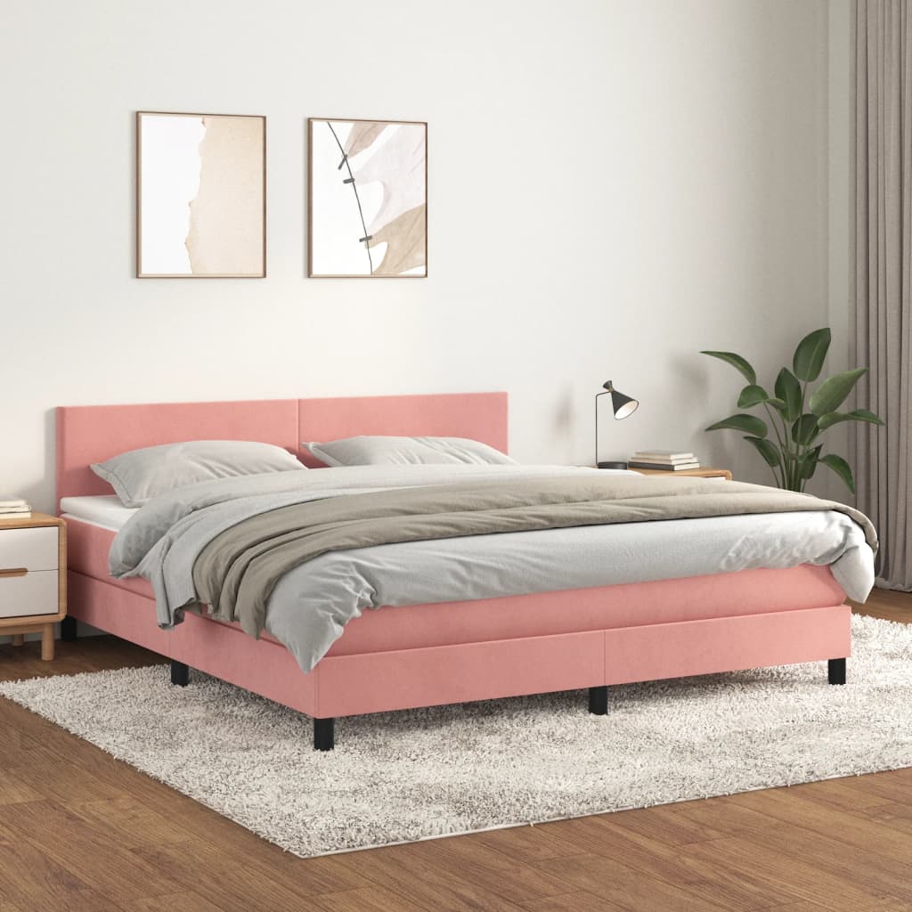 Pat box spring cu saltea, roz, 180x200 cm, catifea