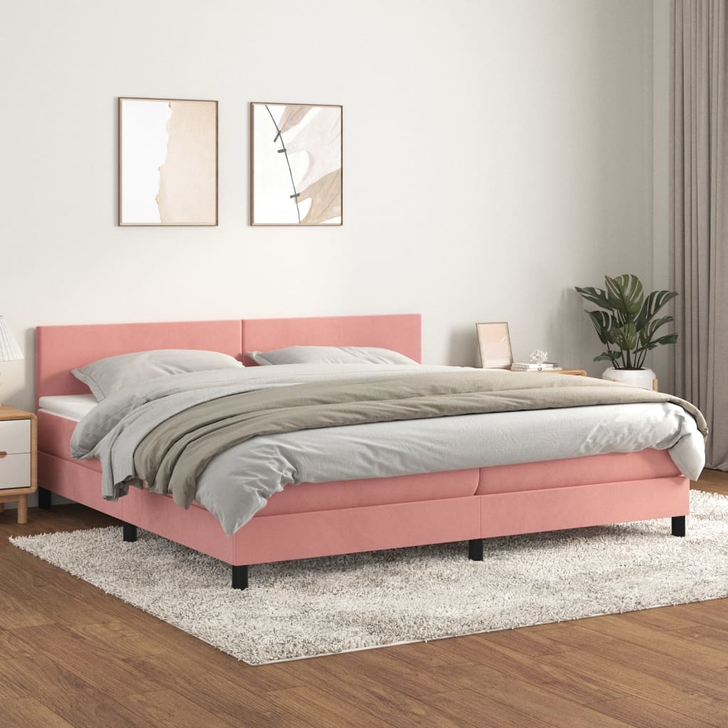 Pat box spring cu saltea, roz, 200x200 cm, catifea