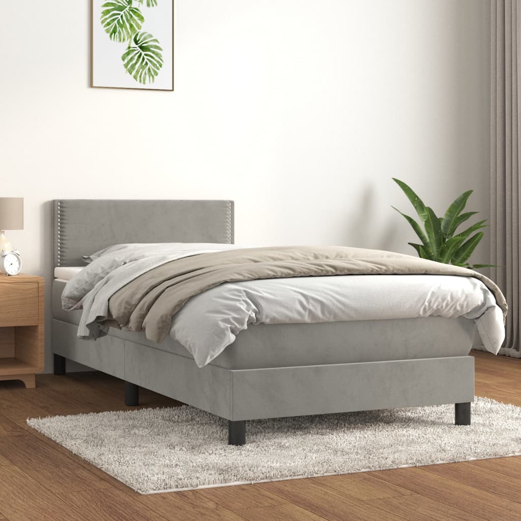 Pat box spring cu saltea, gri deschis, 90x190 cm, catifea