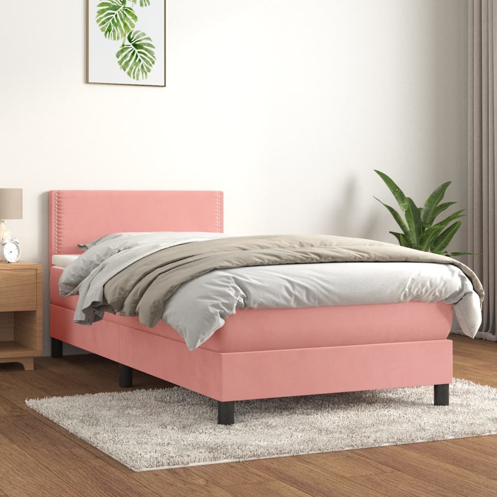 Pat box spring cu saltea, roz, 100x200 cm, catifea