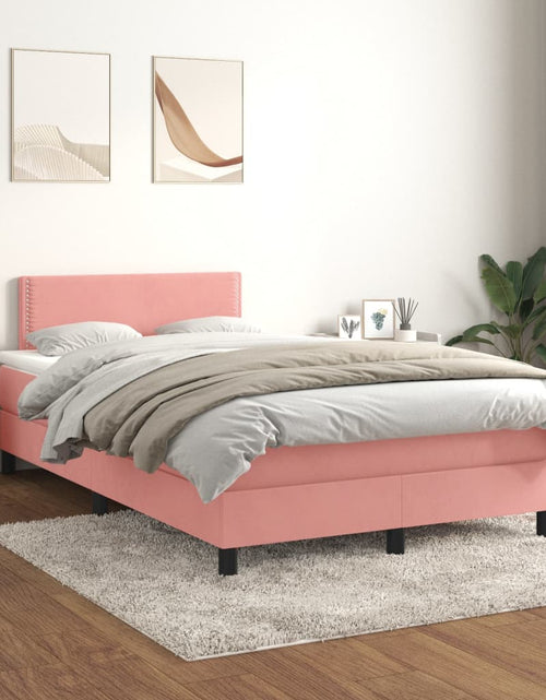 Загрузите изображение в средство просмотра галереи, Pat box spring cu saltea, roz, 120x200 cm, catifea
