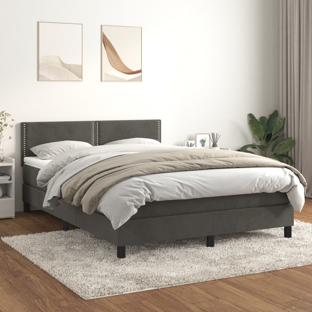 Pat box spring cu saltea, gri închis, 140x190 cm, catifea